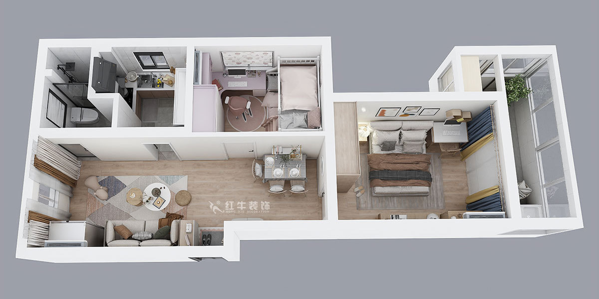 张桐玮｜复成里15-301-66㎡-现代简约风格｜2室1厅1卫｜旧房改造｜定制家￥86000｜全包10万｜00_05鸟瞰图